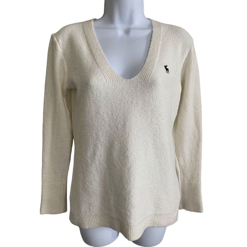 Vintage Abercrombie & Fitch Womens‎ V-Neck Ivory Pullover Small Solid Logo